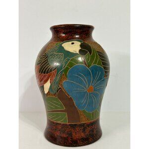 Handcrafted Ceramic Folk Art Vase Parrot & Fish Design Green Blue Red Cost Rica